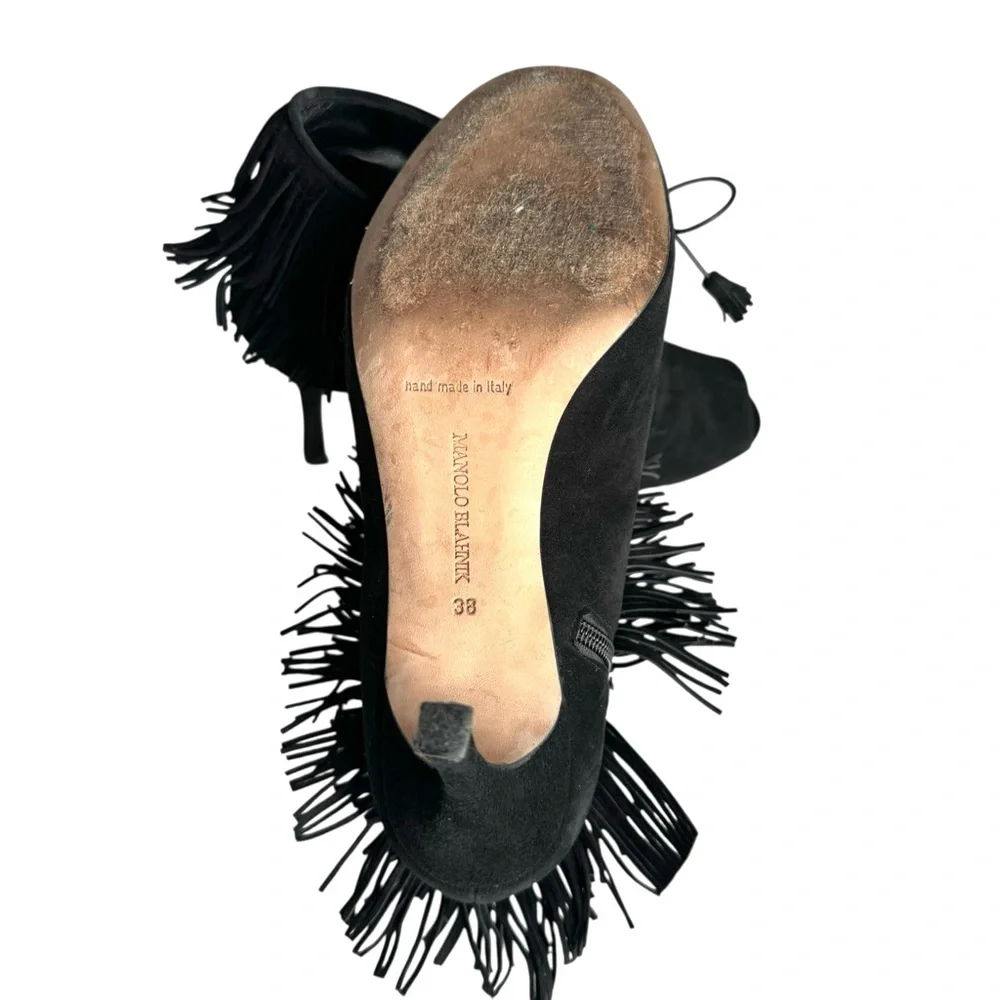 Manolo Blahnik Open Toe Heels Booties Black Suede Fringe